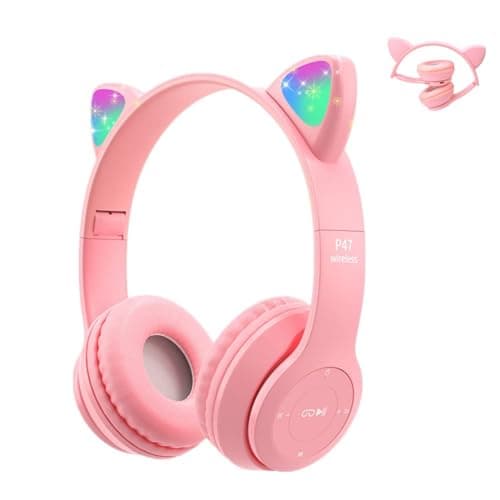 Image of Megadream Kids Wireless Headphones, Bluetooth Over Ear Headphones with Microphone, Cat Ear LED Light Child Headset TF Card/Wired Foldable Earphones for Girls Boys Gift Age 7+ (Pink)