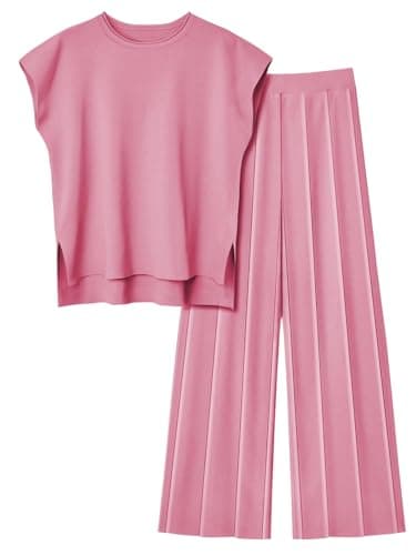 Image of Veriliss Two Piece Outfits for Women Co Ord Sets Knited Sweater Set Tracksuit Pullover Tops Elastic Waisted Pants Lounge Wear(Pink,XL)