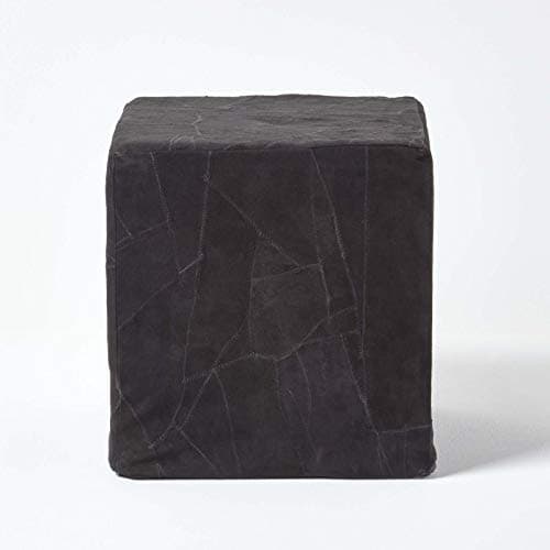 Image of HOMESCAPES Black Leather Suede Cube Pouffe - 36 x 36 x 38 cm