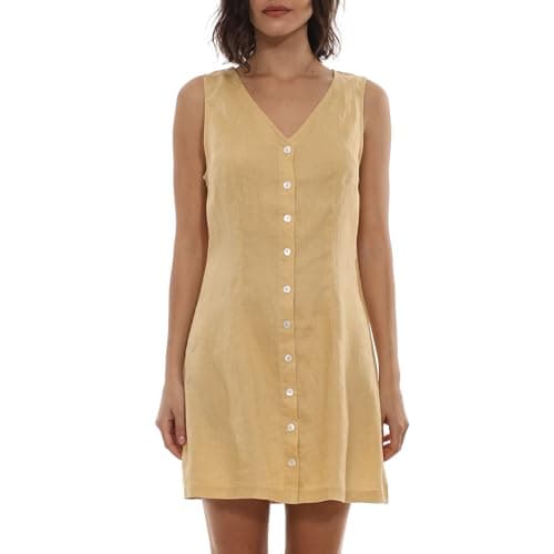 Image of Amazhiyu Womens 100% Linen Dress, Summer Sleeveless V Neck Button Down Casual Mini Tank Linen Dresses Yellow S