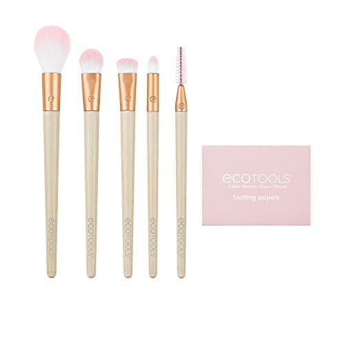 Image of EcoTools Limited Edition Starry Glow Makeup Brush Kit, Eye, For Shadows, Liner, and Highlighter, Blotting Papers Excess Oil, Stocking Stuffer, 6 Piece Gift Set, Cream