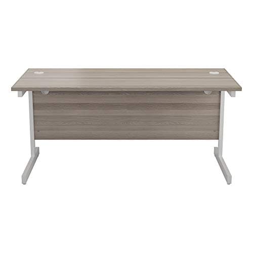 Image of Office Hippo Heavy Duty Rectangular Cantilever Desk, Home Office Table + Integrated Cable Ports, PC Desk For Office or Home, 5 Yr Wty - White Frame/Grey Oak Top, 160cm x 80cm