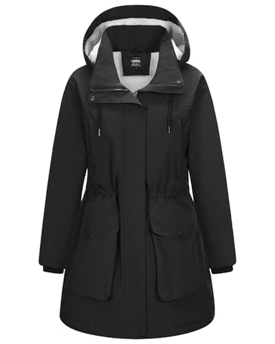 Image of Outdoor Ventures Women's Waterproof Coat with Hood Long Winter Windproof Parka Jacket Ladies Thicken Warm Windbreaker Outdoors Raincoat for Hiking Traveling Walking Black S