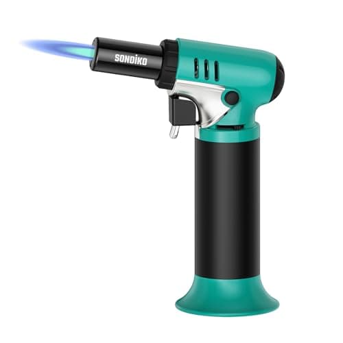 Image of Sondiko Kitchen Blow Torch with Fuel Gauge S907, Refillable Soldering Torch Lighter with Adjustable Flame for Desserts, Creme Brulee, Welding, Industrial, Cyan & Black(Butane Not Included)