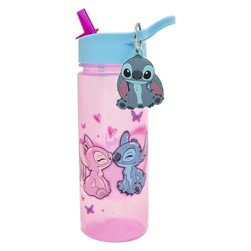 Image of Disney Stitch and Angel 500ml Kids Water Bottles with Straw by Polar Gear - Lilo And Stitch Gifts For Girls - Back to School Supplies Girls Water Bottle - Stitch Water Bottle with Stitch Keyring Charm