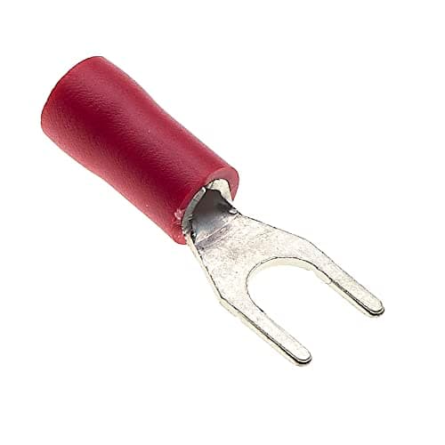 Image of Fork Crimp Terminal, Pack Of 100 - Red, 18A, 4mm - Heat Shrink Fork Connectors, Tinned Copper Connectors, Insulated U-Type Wire Terminals