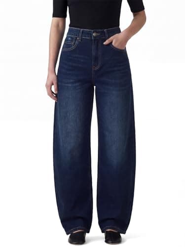 Image of Chasehot Barrel Jeans for Women Petite 28 Inch Inseam High Waisted Stretchy Trendy Wide Leg Sweatpant Jeans Vintage Relaxed Fit Baggy Boyfriend Cute Ladies Denim Pants, Deep Rinse Indigo-Size 12