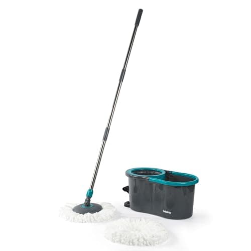 Image of Beldray Anti-Bac Spin & Wring Mop Set – 4L Bucket with Carry Handle, 2 x Antibacterial Microfibre Mop Heads, Pedal-Powered Spin & Dry System, Hands-Free Wringing, 360° Swivel Head, Easy-Clean