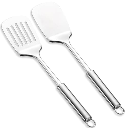 Image of Stainless Steel Spatulas Set, ReaNea Silver Slotted Turner, Solid Turner, Heavy Duty Sturdy Kitchen Spatula High Heat Resistant, Ideal Cookware for Fish,Eggs,Pancakes, Dishwasher Safe