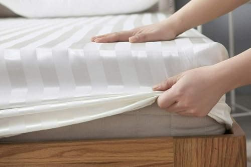 Image of Satin Stripe Fitted Sheet 600 Thread Count – 40cm Extra Deep Bed Sheets – 100% Egyptian Cotton Bottom Sheets– White & Grey Bed Linen – Double, King, Super King Size (White, Double)
