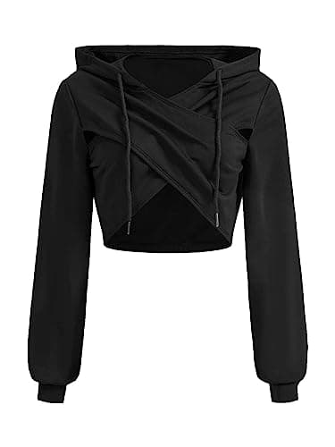 Image of GORGLITTER Women's Wrap Cropped Hoodie Long Sleeve Drawstring Hooded Sweatshirt Pullover without Pocket Black M