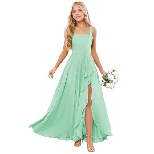 Image of LECOYOYO Junior Bridesmaid Dresses Teen Girls Long Chiffon Flower Girl Dresses Ruffle Wedding Dress, mint, 10 Years
