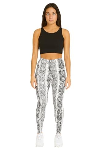 Image of Missloved Ladies Printed Stretch Leggings - Regular Waist Elasticated Fit - Animal, Marble, Flames & Swirl Designs - Soft Comfortable Womens Leggings UK Sizes 8-26 (Black and White Snakeskin, 8-10)