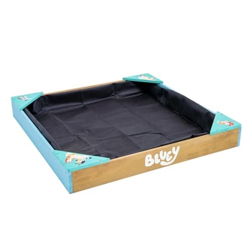 Image of Bluey Wooden Sandpit with Cover FSC Certified Wooden Garden Sand Pit for Kids with Corner Seats Water Porous Liner Protective Cover Outdoor Play Ages 2+