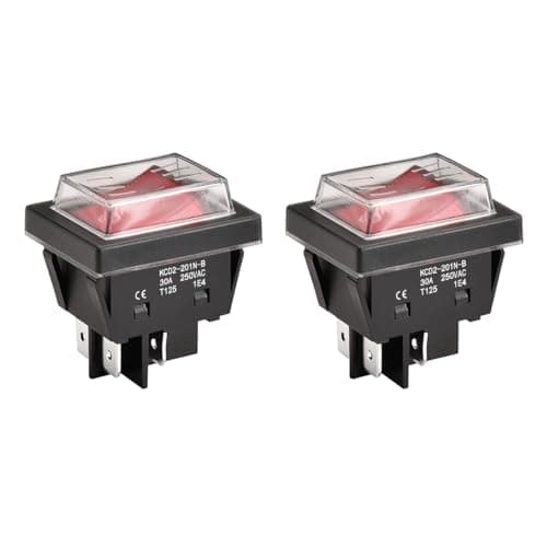 Image of Heschen High Current Rocker Switch, 30A 250VAC, ON-OFF 2 Position, DPST, 4 Terminals, Red Light, T125, with Waterproof Cover (2, Red)
