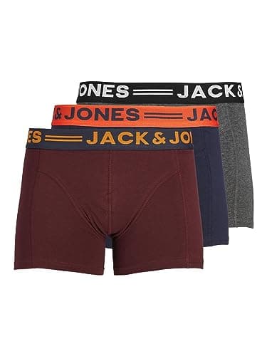 Image of Jack & Jones Men's Jaclichfield Trunks 3 Pack Boxer, Multicoloured (Burgundy), L UK