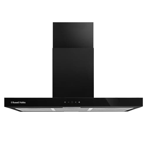 Image of Russell Hobbs 90cm Island Cooker Hood in Black with 3 Speed Settings, 3x Washable Aluminium Filters, Extraction or Recirculation, Boost Function, LED Lights A++ Energy Rating, RHICH904B