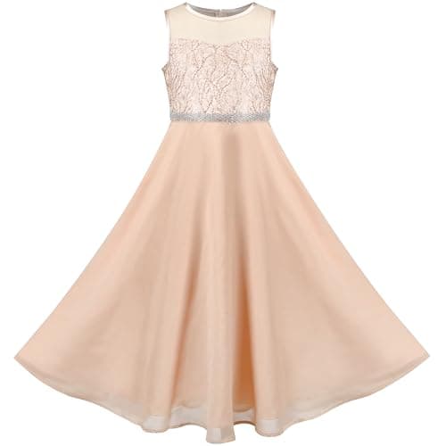 Image of Sunny Fashion Girls Dress Beige Sequin Wedding Bridesmaid Chiffon Formal Party Pageant Age 8 Years