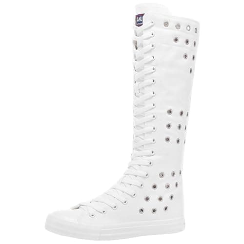 Image of Jamron Girls Women Fashion Knee High Lace-Up Canvas Boots Pure White Zip Dance Boots Eyelets SN813 UK5