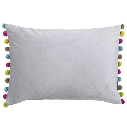 Image of Paoletti Fiesta Rectangular Cushion Cover – Faux Velvet with Pompom Edges (Dove/Multi – 35 x 50cm)