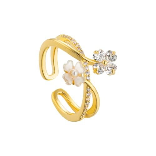 Image of IMINI Dainty Double Flower Layered Ring for Women Girls | Adjustable Open Floral Wrap Finger Band with Cubic Zirconia & Glass Beads | Bridal, Anniversary & Everyday Jewellery Gift