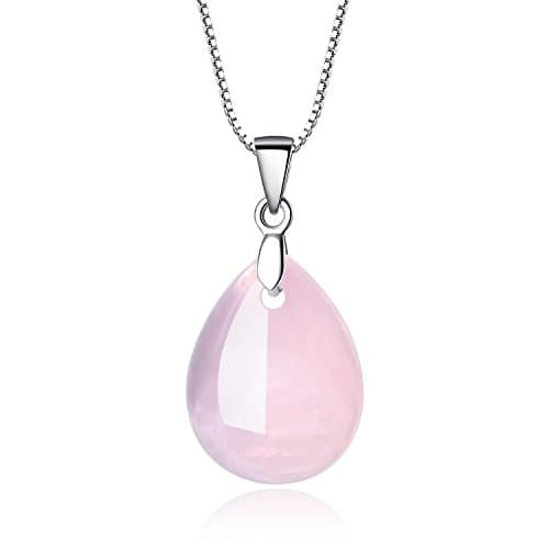 Image of COAI 925 Sterling Silver Necklace Teardrop Rose Quartz Crystal Necklace for Women Girls, Pink
