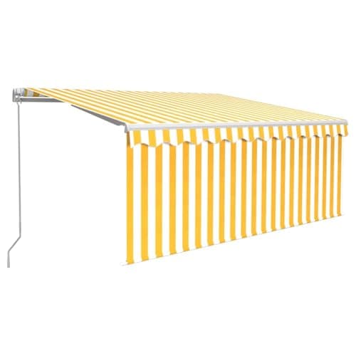 Image of vidaXL Manual Retractable Awning with Blind 3.5x2.5m - Yellow & White, Powder-Coated Aluminium Frame, Adjustable Angle & Height, UV & Water- Polyester Fabric, for Patio, Garden, Deck