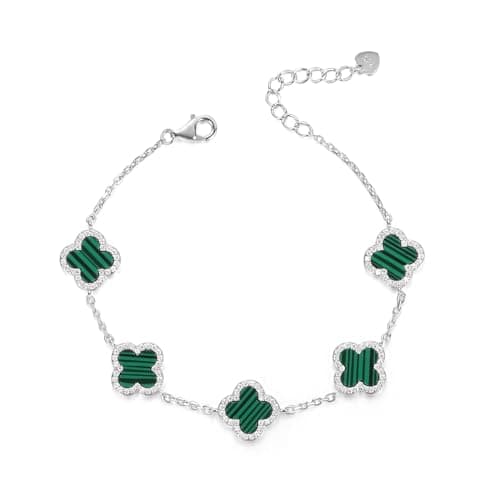 Image of Evensee Emerald Green Malachite Bracelet 925 Sterling Silver, Four Leaf Clover with 5 Gemstone Charms, Adjustable Hand Chain Valentines Jewelry, Graduation & New Year Luxury Gifts for Women