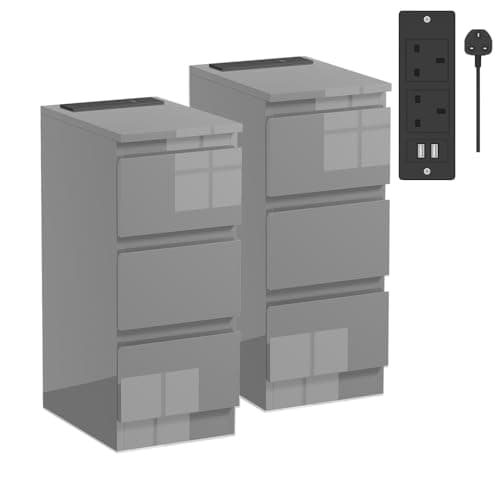 Image of Rainbow Tree Slim Bedside Table Set of 2 with Charging Station Grey, Modern High Gloss Narrow Bedside Cabinet with 3 Drawers, Nightstand for Bedroom, Side Sofa Tables 25Wx35Dx60Hcm