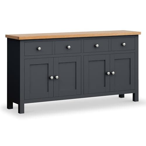 Image of Farro Charcoal Extra Large Sideboard Cabinet for Living Room | Roseland Furniture Fully Assembled Painted 4 Door Solid Wooden Storage Cupboard with Oak Top 2 Drawers for Hallway or Dining Room