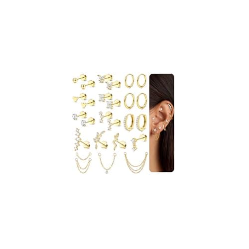Image of Chriscoco 22Pcs 14K Gold Plated Flat Back Earrings for Women Surgical Steel Small Hoop Stud Cartilage Earrings Set Hypoallergenic Earring Stack Conch Tragus Helix Piercing Jewellery Gold