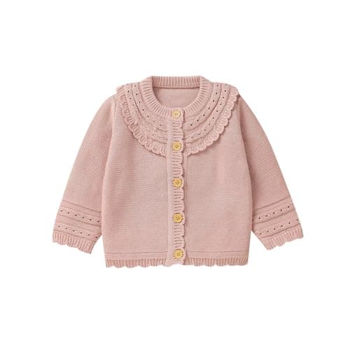 Image of Hadetoto Cotton Baby Girls Cardigan Knit Long Sleeve Toddler Sweater Button Closure Warm Coats Clothes (UK, Age, 0 Months, 3 Months, Pink)