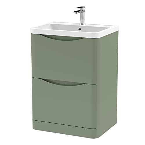 Image of nuie LUN801 Lunar Modern Bathroom Floor Standing 2 Drawer Vanity Basin Unit with Polymarble Basin, 600mm, Satin Green