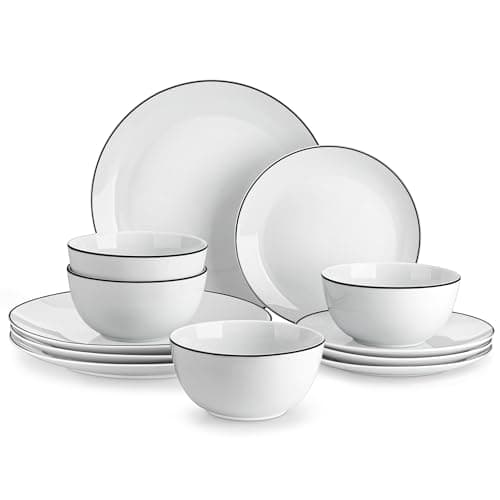 Image of Malacasa 12-Piece Gourmet Porcelain Dinnerware Set, Modern White with Black Rim, Dinner Set for 4 People, Premium Dinner Plates and Bowl Sets, Chip and Scratch Resistant Dinnerware, Series