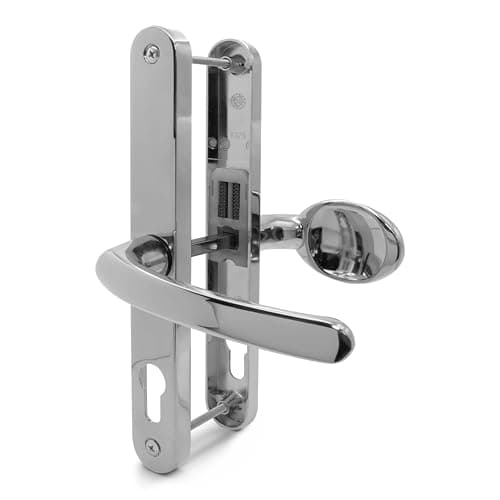 Image of TSS Polished Chrome UPVC Door Handle Pair Set with Lever and Pad, Suits Fullex Locks, Sprung, 68mm PZ (Centres), 215mm Screw To Screw, Backplate 245mm x 32mm, Replacement PVC Door Handle in Polished C