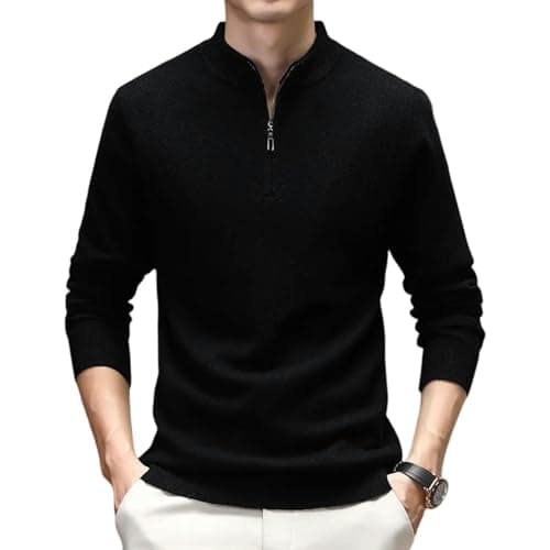 Image of JUWTEEI Men's Turtleneck Jumpers Men's 1 4 Zip Thickened Mock Neck Knitted Sweater For Middle-aged In Autumn & Winter-black-xl