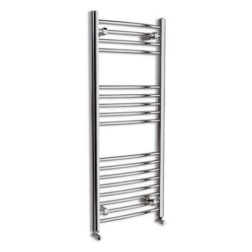 Image of iBathUK Zypher Curved Wall Mounted Heated Towel Rail, 17 Column Steel High Thermal Output Hydronic Central Heating, Round Curved Designer Towel Radiator in Chrome, 1200 × 500mm
