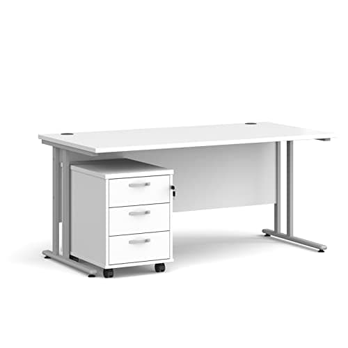 Image of Mr Office Maestro 25 straight desk - with silver cantilever frame and 3 drawer pedestal, White, 1600