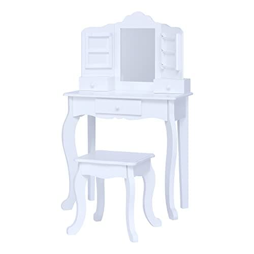 Image of Fantasy Fields By Teamson Little Princess Anna Medium Kids Dressing Table Vanity Set With Mirror, Drawers & Chair Stool For Children White TD-13366D