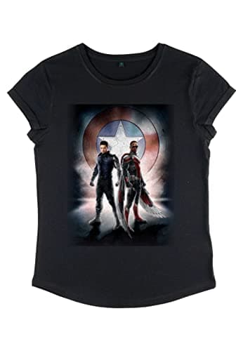 Image of Marvel Women's The Falcon and The Winter Soldier Team Poster Rolled Sleeve T-Shirt, Black, S