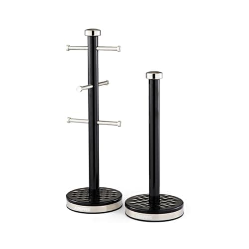 Image of GEEPAS Argyle Mug Tree & Towel Pole Set | Rust Corrosion Free Carbon Steel Material Non-Slip Base Free Standing Design Kitchen Counter Storage Space Saver | Holds Upto 6 Mugs | Black