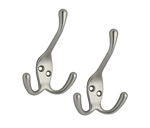 Image of QCAA Premium Quality Coat Hat Hook with Three Prong, 4", Zinc Die Cast, Satin Nickel, 2 Pack, Made in Taiwan