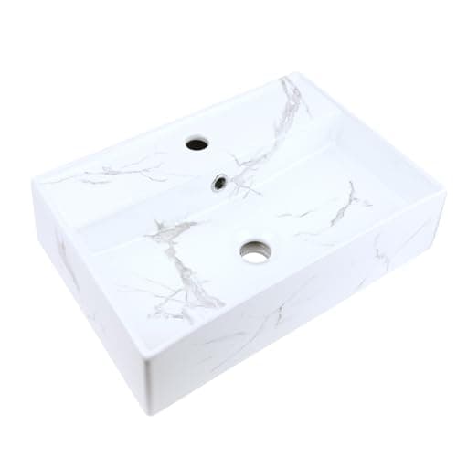 Image of Milano Elswick White Marble Effect Wall Hung Rectangular 1 Tap Hole Bathroom Basin Sink - 500mm x 350mm