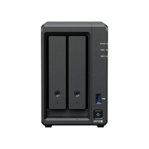 Image of Synology DS725+ 32TB (Synology HAT53) 2 bay Plus series with Ryzen R1600, 4GB Ram (32GB max), 1x 2.5GbE, 1x 1GbE, 2x M.2 NVMe slots. DX525 expansion available via Type-C.