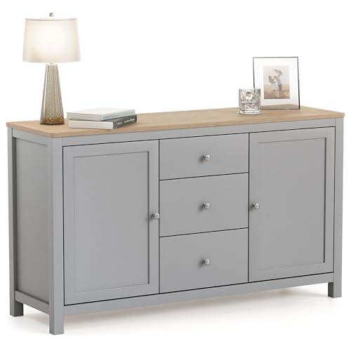 Image of CHRISTOW Sideboard Storage Cabinet with Oak-Effect Top, 3 Drawers & 2 Cupboards with Adjustable Shelves, Living & Dining Room Furniture, Sturdy MDF, Matte Painted Grey Finish, H79 x W137 x D40cm