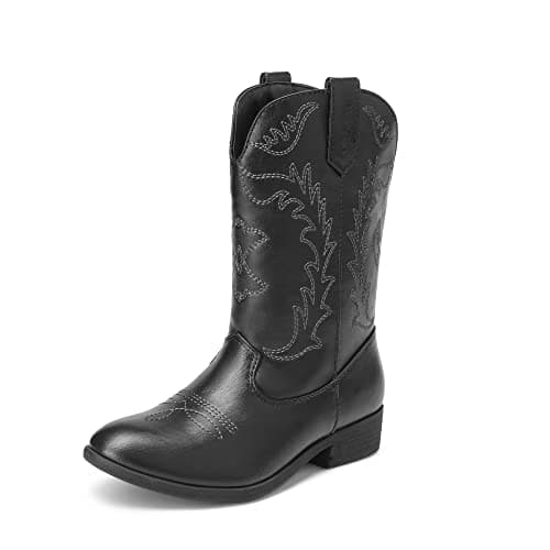 Image of DREAM PAIRS Kids Cowgirl Cowboy Western Boots Girls Mid Calf Riding Shoes Little Kid/Big Kid,Size 3 Big Kid,Black,SDBO214K