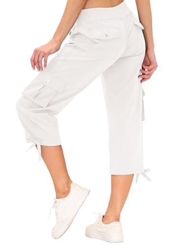 Image of MoFiz Women Hiking Capri Pants Lightweight Walking Athletic Workout Casual Outdoor Trousers 3/4 Cargo Shorts Pants with Multi-Pockets Size White L
