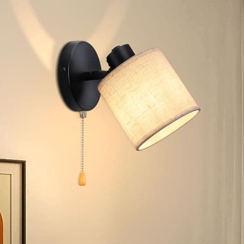 Image of Winverty Pull Cord Wall Lights with Switch, Wall Lamp with Beige Fabric Lampshade, Metal E27 Vintage Bedside Wall Sconce for Bedroom Living Room