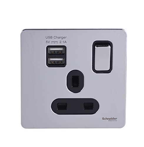 Image of Schneider Electric Ultimate Screwless Flat Plate - Switched Single Power Socket With USB Charging Ports, Double Pole, 13A, GGBGU34102USBABPC, Polished Chrome With Black Insert
