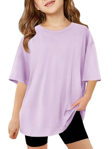 Image of Haloumoning T-Shirts Girls Round Neck Short Sleeve Plain Casual Sports Tops Kids Summer Oversized Shirts Casual Basic Tops, Light Purple, 140 cm